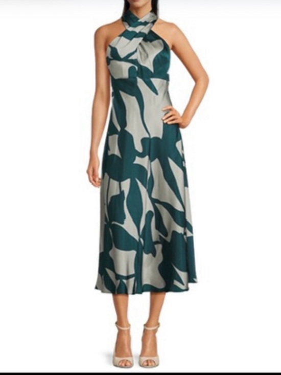 Donna Karan Dresses & Skirts - Donna Karan One-Shoulder Halter Midi Dress in Teal and Light Gray Leaf Print